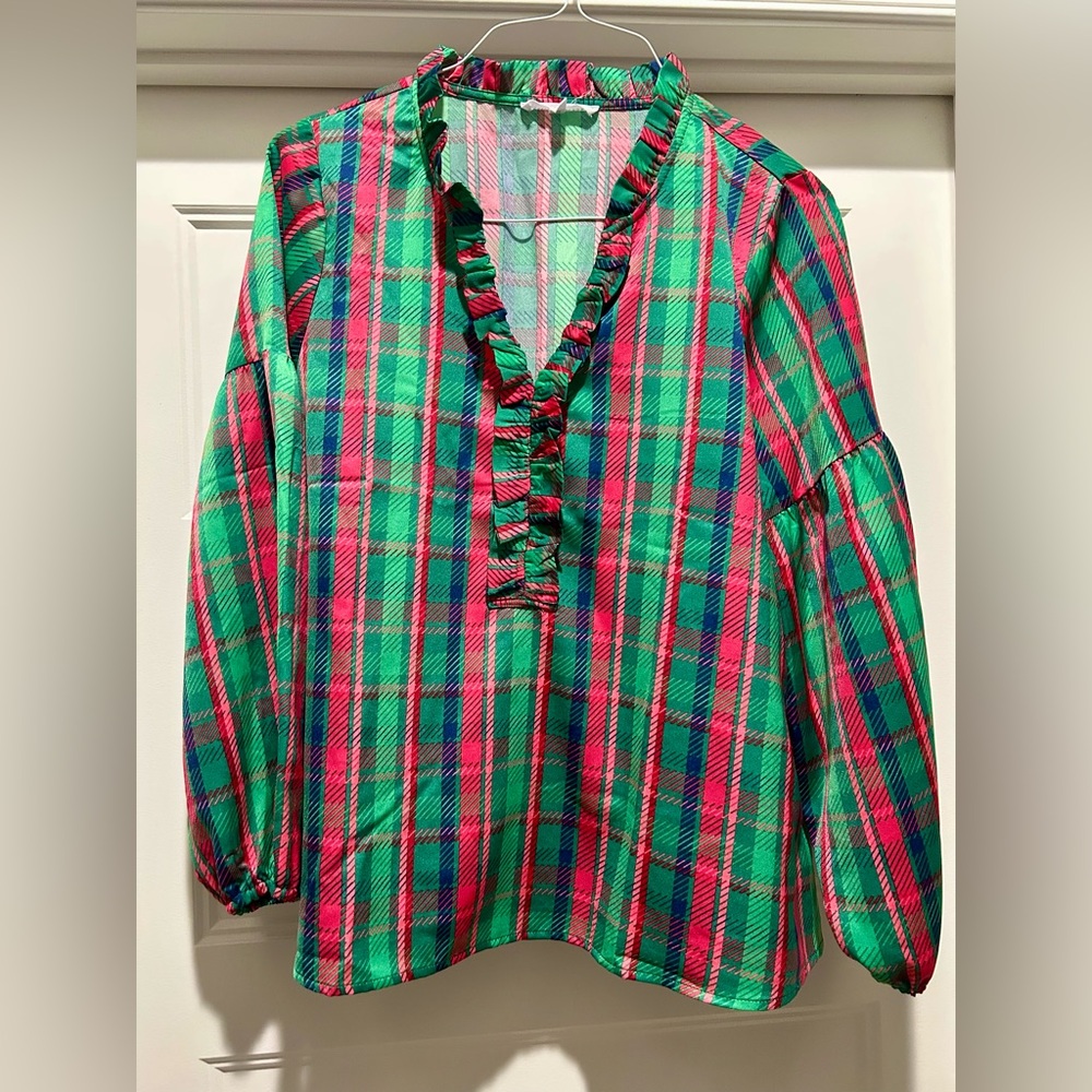 Vibrant Plaid Blouse with Ruffle Details